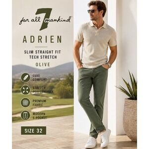 7 For All Mankind Adrien Olive Slim Stretch Tech Pants 32 Quiet Luxury Golf